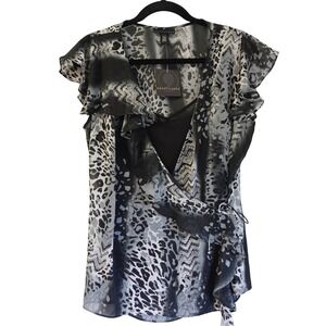 Y2K Apostrophe Animal Print Wrap Top Ruffle Sleeve Sheer Black White Grey NWT LG